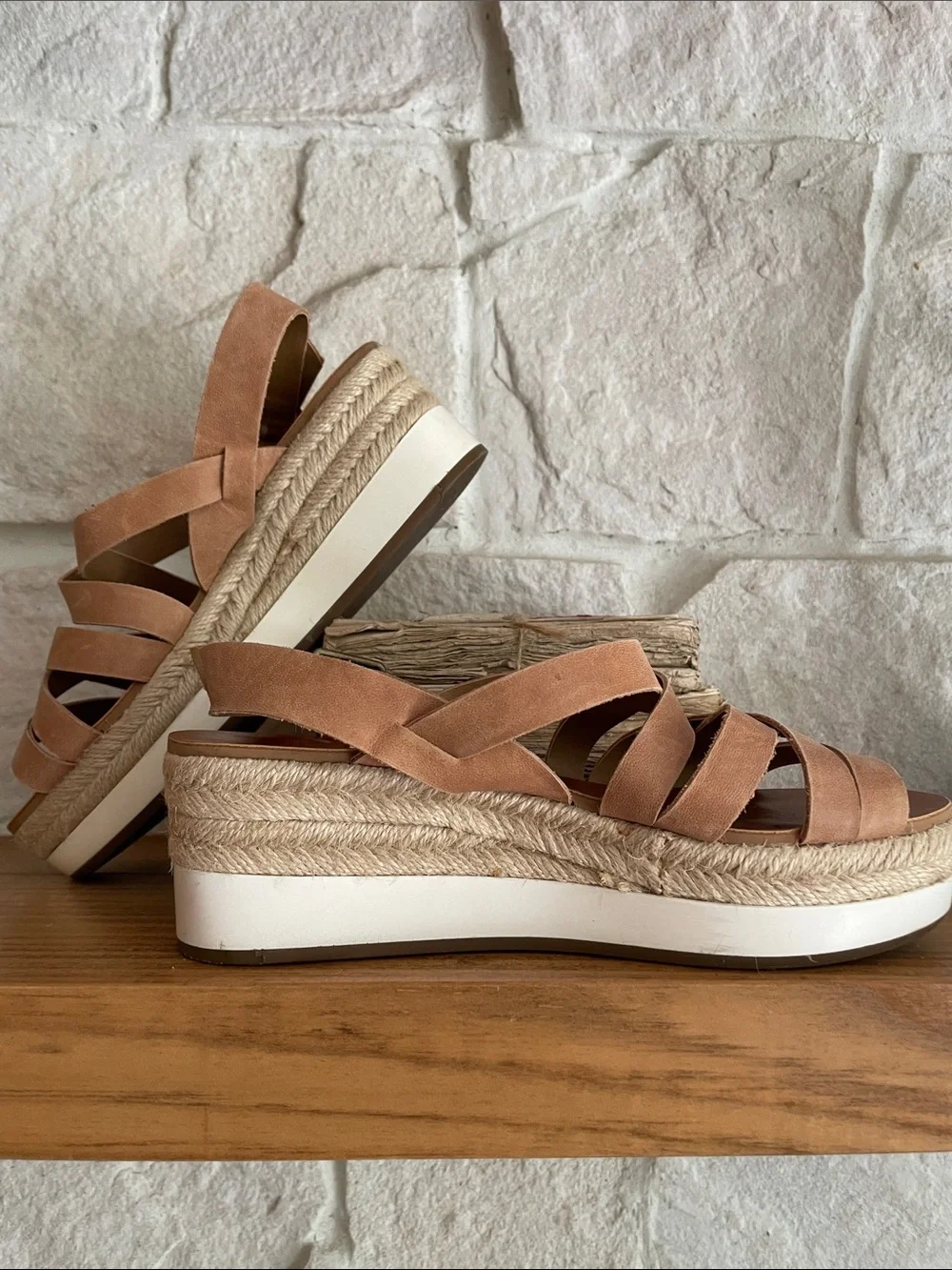 Lucky Brand Peach-Tan Crisscross Espadrille Wedge Sandals
